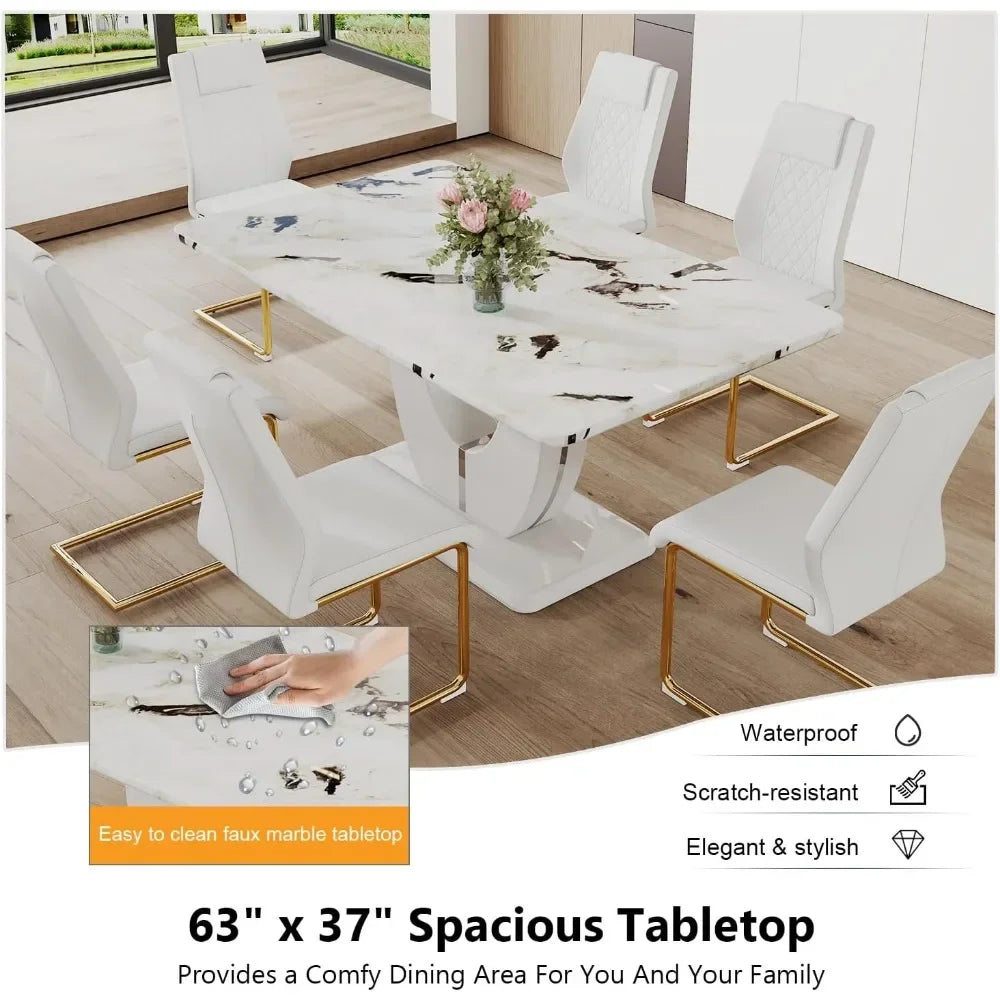 White Faux Marble Dining Table Set,6 PU Leather Upholstered Dining Chairs, Living Room Dinings Tables Set,White