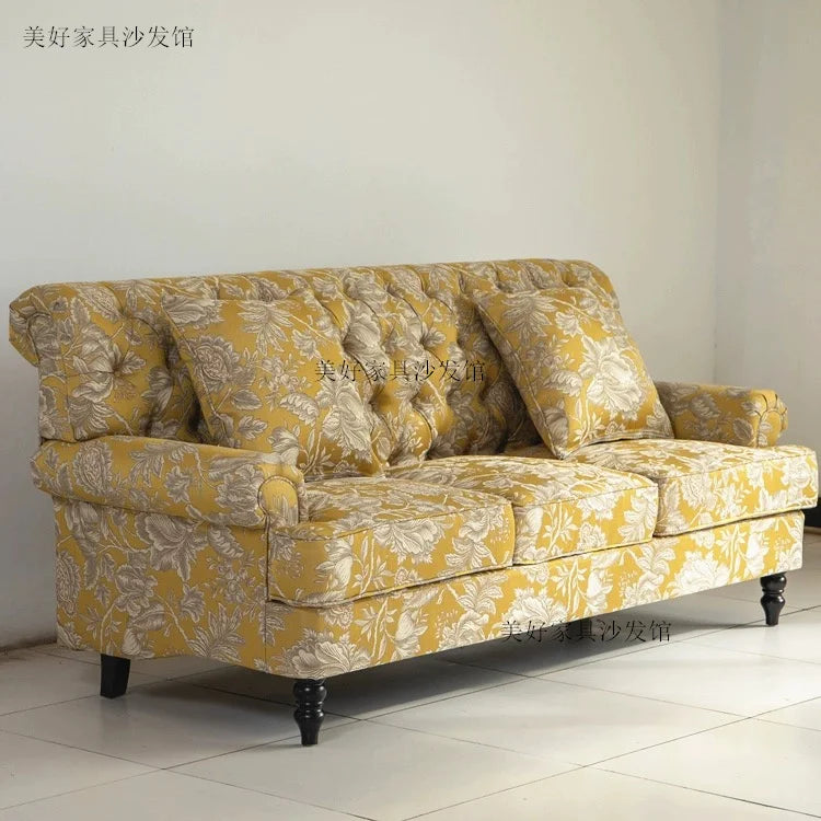 American Single Solid Wood Living Room Sofa Yellow Pastoral Color Pull Buckle Fabric Three-Seat Sofa