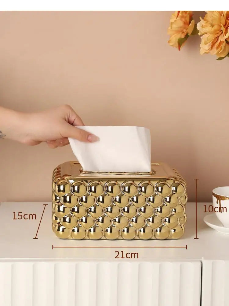 Light Luxury Gold Rectangle Relief Bubble Tissue Box Ceramic Crafts Living Room Decoration Box Napkin Holder Household Products