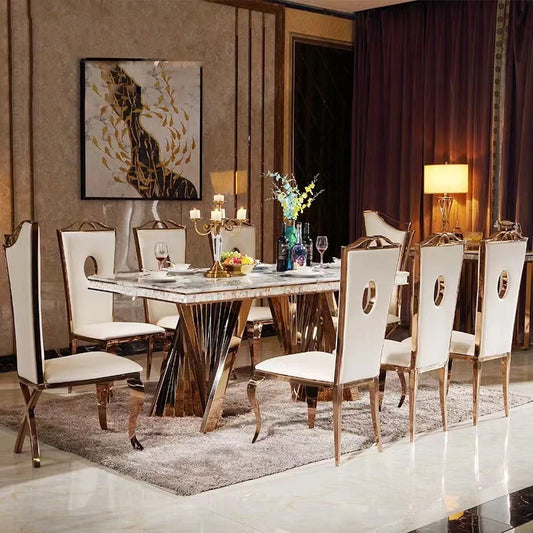 MINGDIBAO Luxury Dining Set: 6 Stainless Steel Genuine Leather Chair and Rectangle Marble Sea Shell Table kitchen room furniture