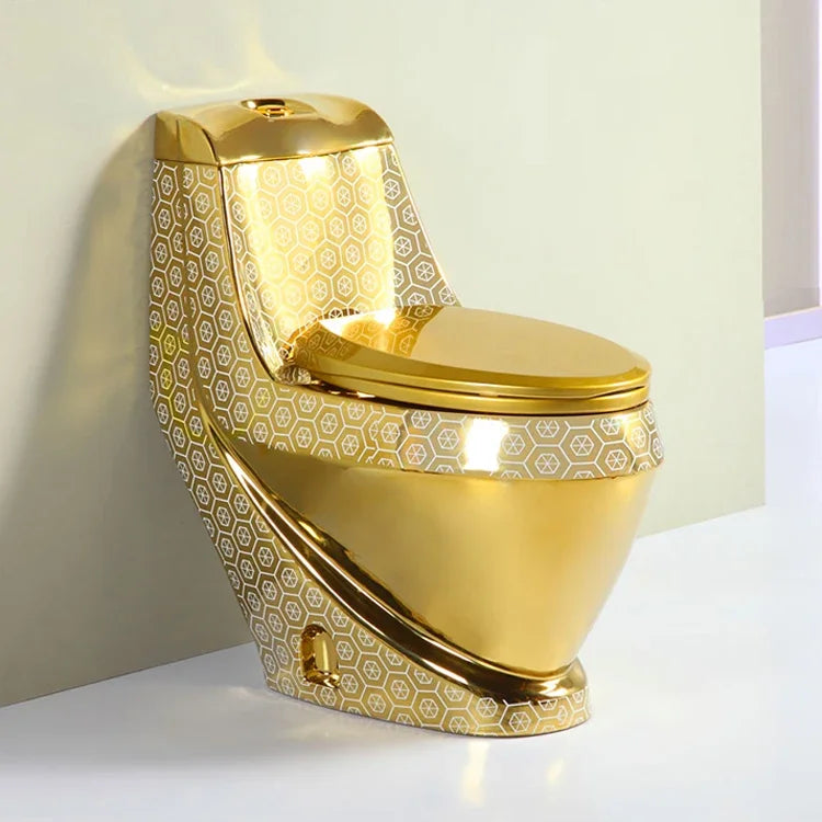 Golden Plated Sanitary Wares Wc Strap 250mm One Piece Ceramic Gold Color Toilet