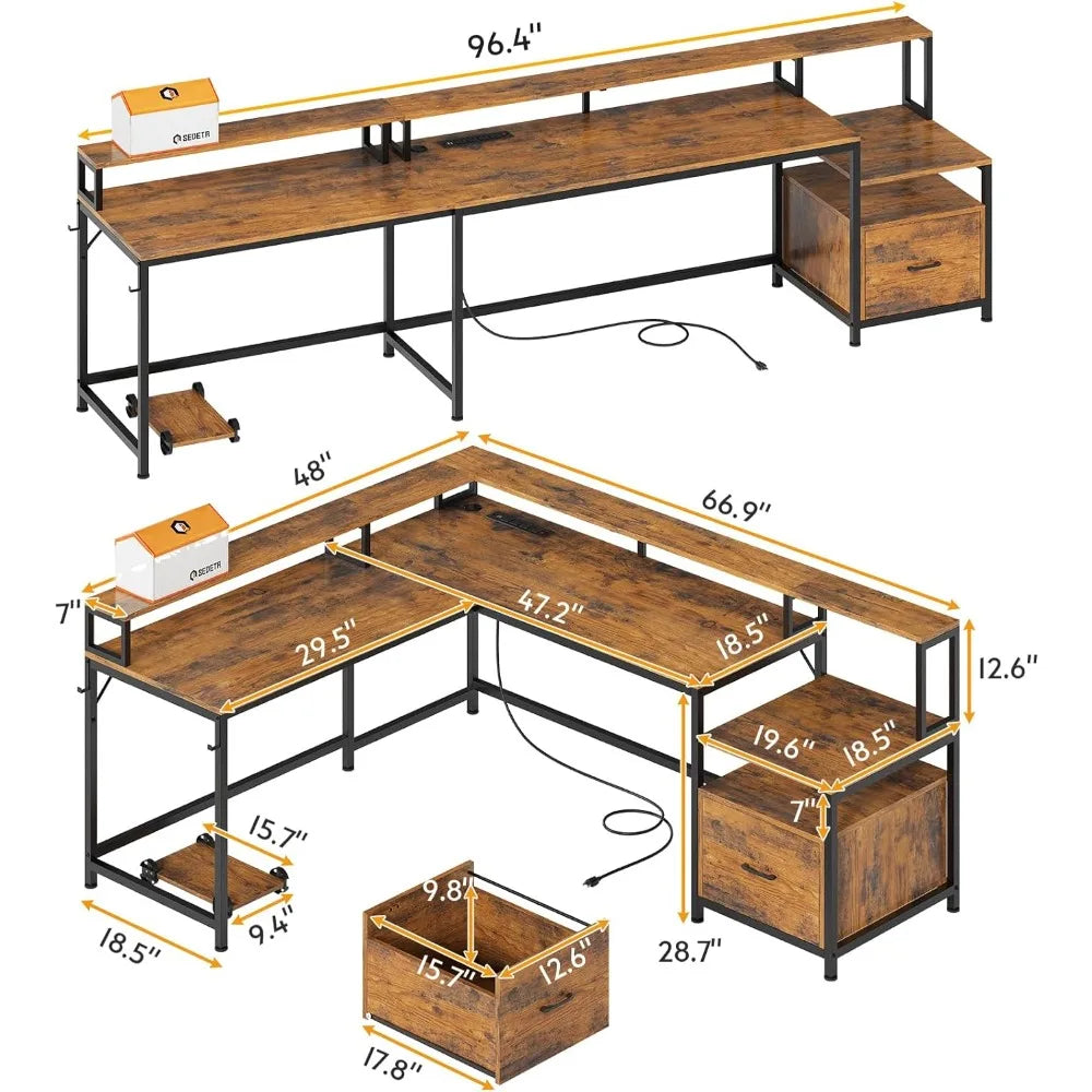 L Shaped Desk, File Drawer & Power Outlet, Gaming Desk with Led Lights, Corner Computer Desk with Monitor Shelf, Two Person Desk