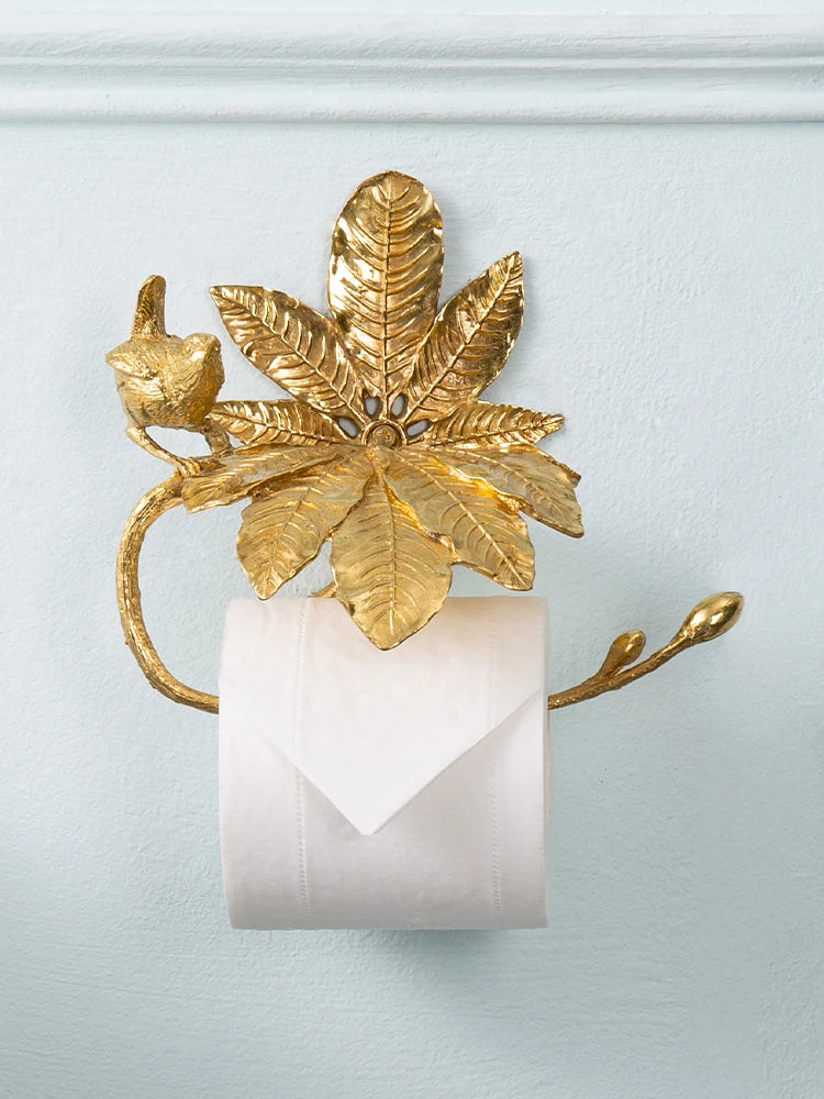 Solid Brass Light Luxury Elegant Brass Bird Roll Paper Holder Vintage Bathroom Tree Trunk Wall Hanging Toilet Paper Holder