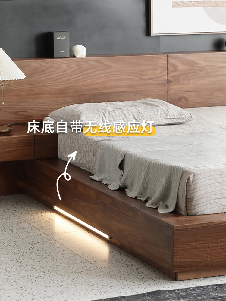 Simple modern all solid wood bed, tatami bed, black walnut 1.8 double bed, Nordic Japanese style master bedroom queen bed