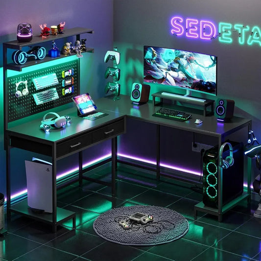 SEDETA L Shaped Gaming Desk with LED Lights, Pegboard and Drawers, Gaming with Hutch, Computer with Monitor Stand