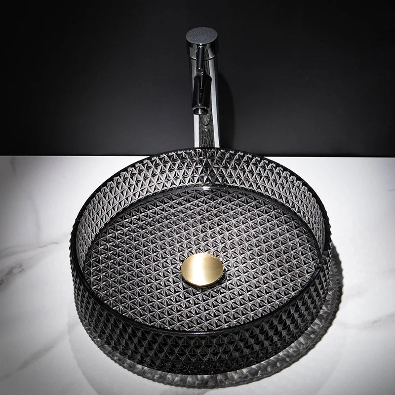 Black Round Diamond Glass Countertop Basin Crystal  Sink Bathroom  Luxury Clear   Washbasin Vanity Set