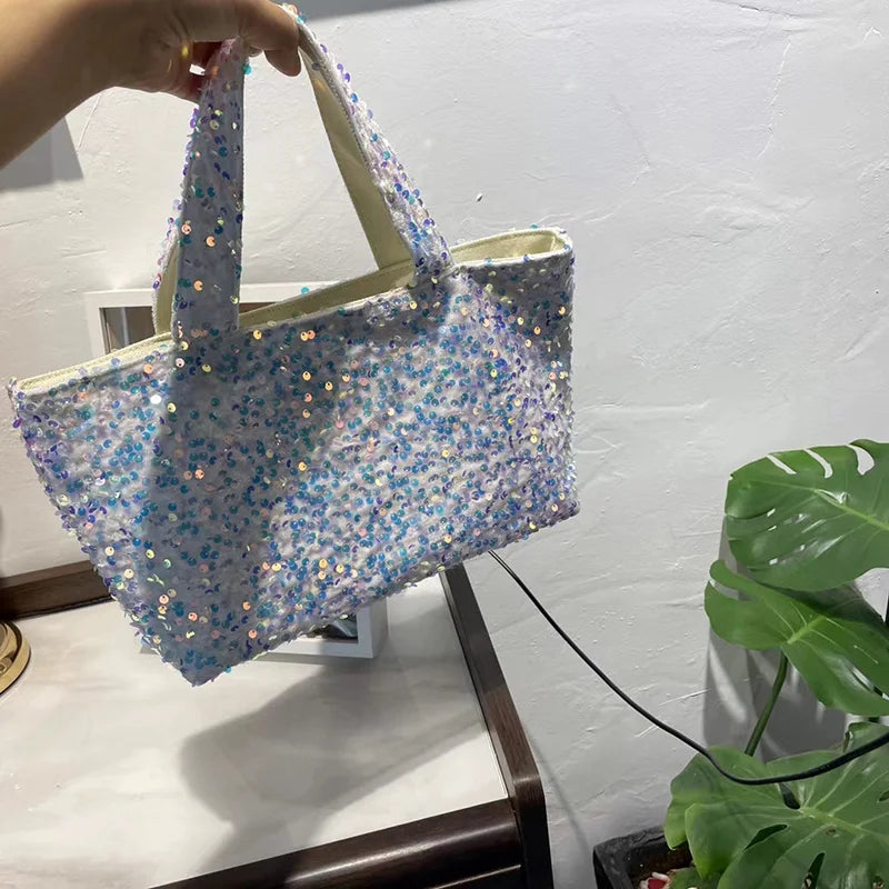 Fashion Modern Silver Bling Sequins Designer Bags Luxury Portable Armpit Large Capacity Tote Womens Bag Shopping Purse