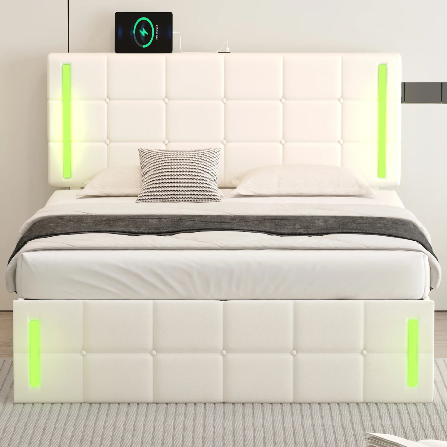 Full Size Upholstered Bed with LED Lights, Hydraulic Storage System and USB Charging Station, White  76.80x56.30x39 in.