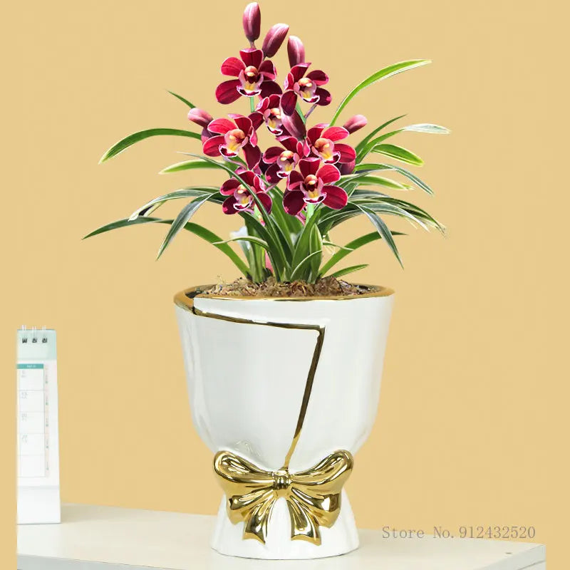 Luxury Butterfly Orchid Flower Vase, Ceramic Light, Special Pot, Home Decor, Green, Orange, Red, White, Grey, Blue, Bouquet, 1Pc