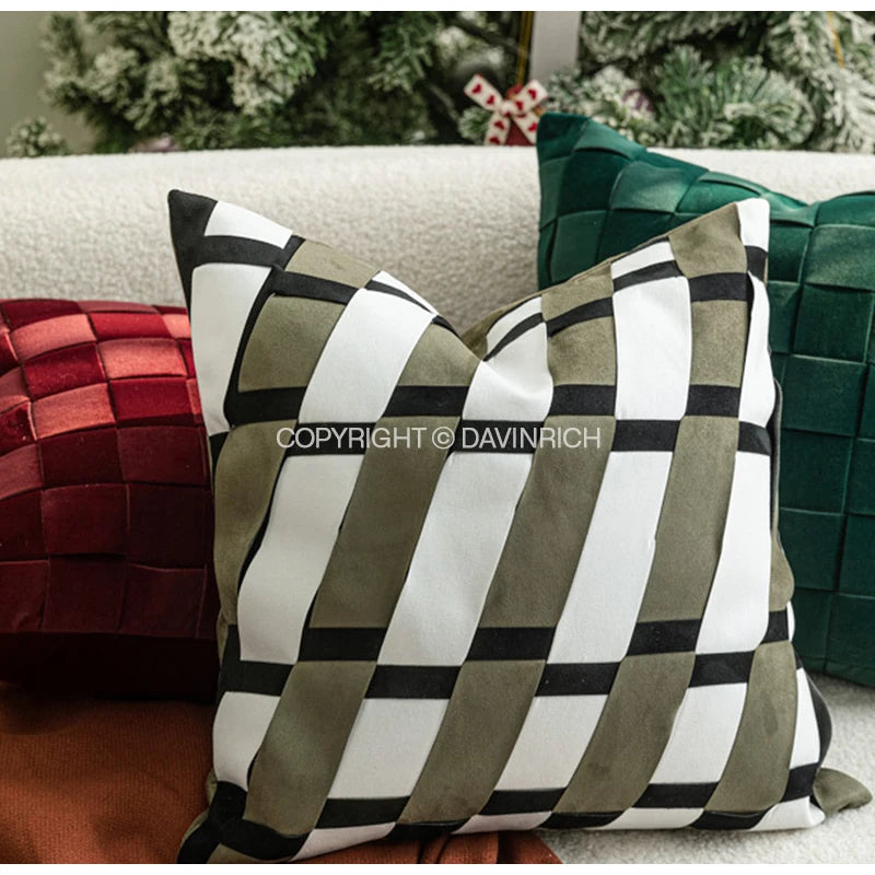 DAVINRICH Contemporary Flair Luxury Decorative Cushion Cover Olive Green White Black Geometrics Patchwork Pillow Case 45x45cm