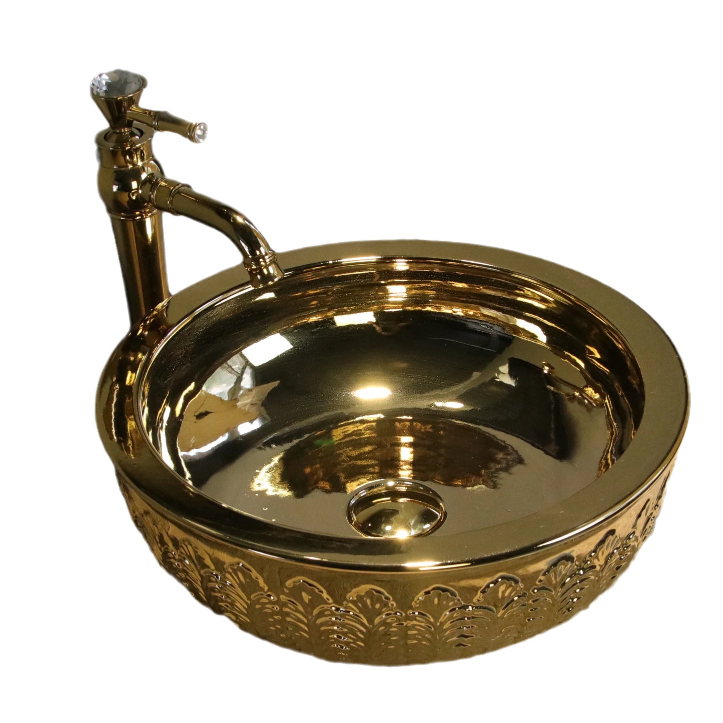 Hand Carved Leaf Luxury Gold Ceramic Bathroom Countertop Wash Basin Vessel Sinks Bowl Vanity Faucet Combo Jingdezhen Porcelain