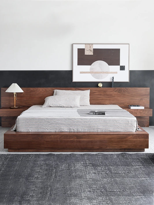 Simple modern all solid wood bed, tatami bed, black walnut 1.8 double bed, Nordic Japanese style master bedroom queen bed