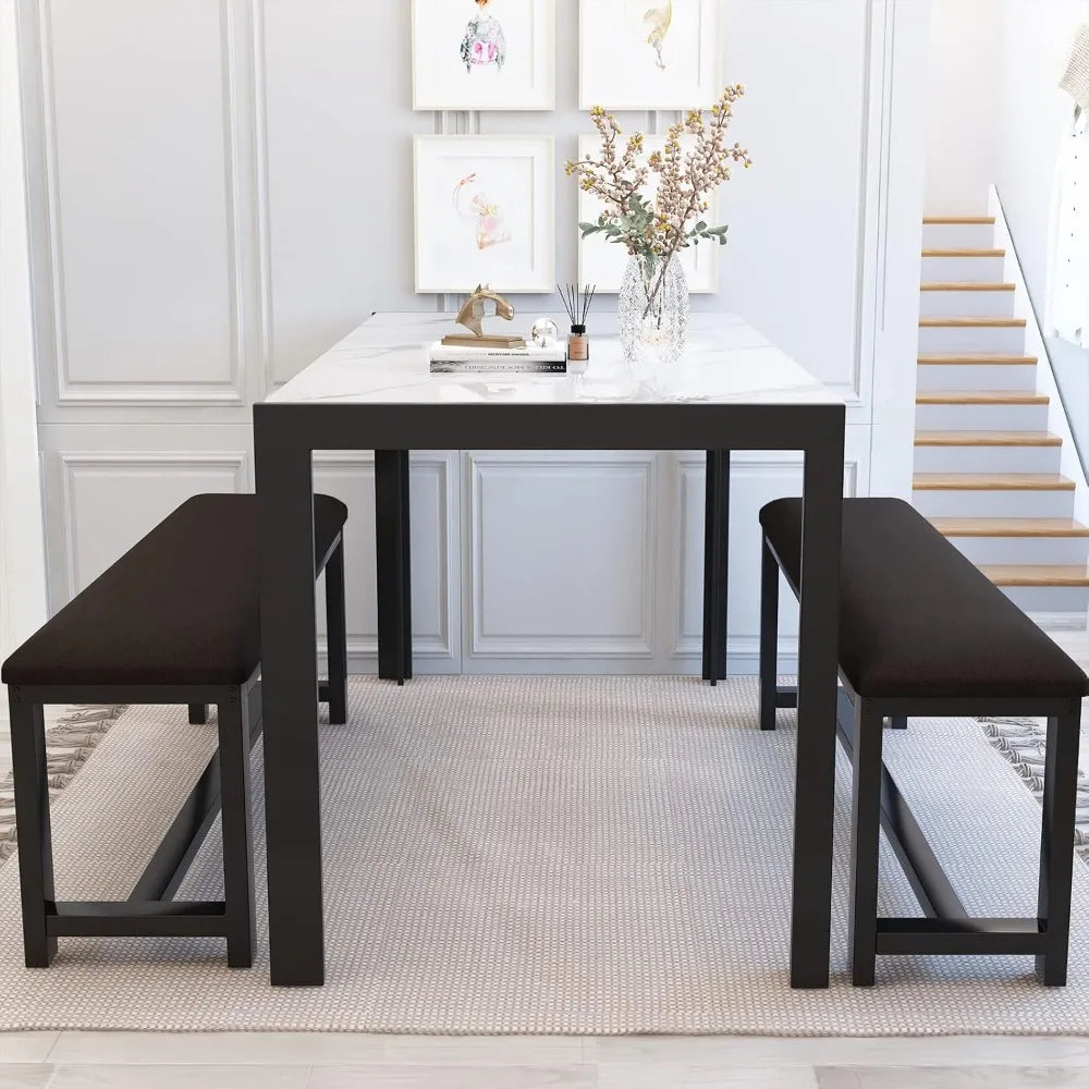 Dining Room Table Set with 2 Benches, Dining Table Set for 4-6, Faux Marble Breakfast Table Set & PU Leather Upholstered