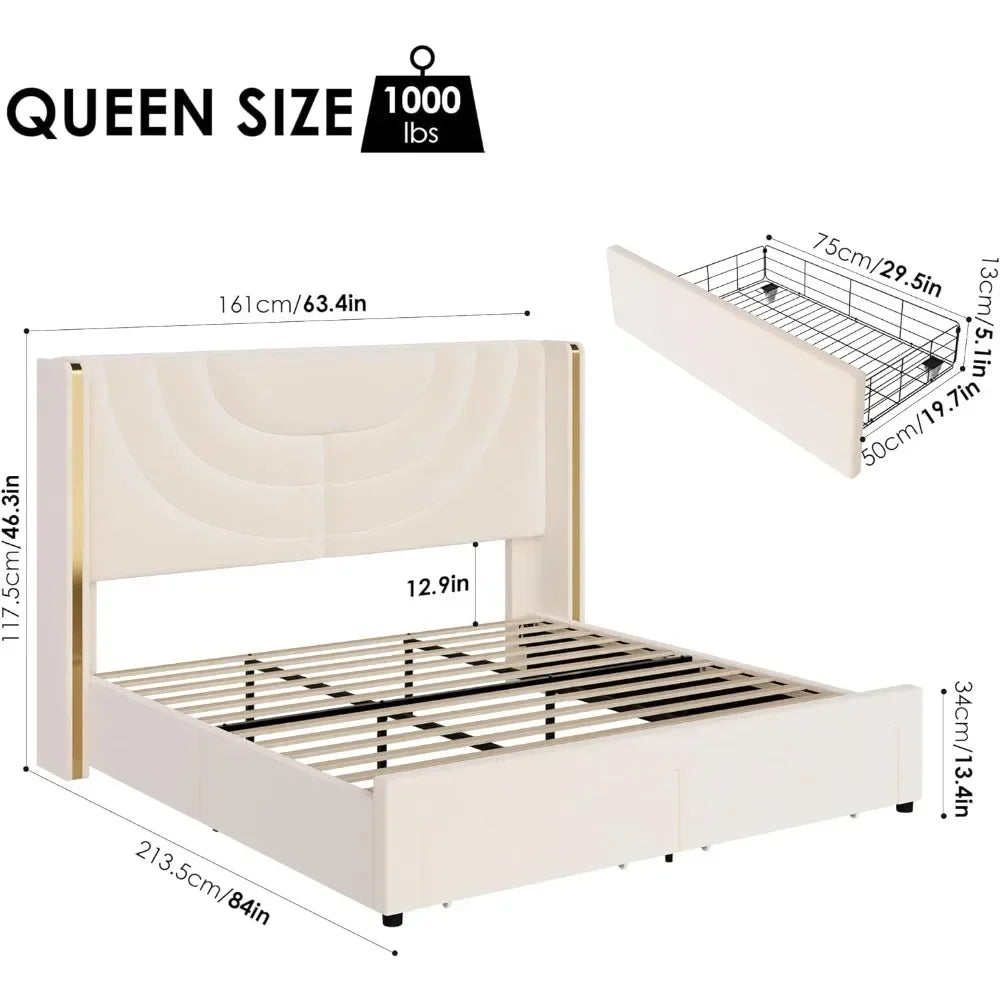 LED Queen Bed Frame with 2 Storage Drawers, Solid Wooden Slats Support, No Box Spring Needed