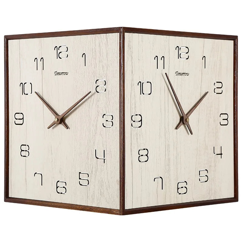 Punch-free solid wood corner double-sided wall clock modern minimalist corner two-sided clock home living room Nordic clock