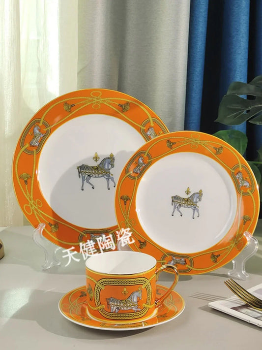 Bone China Western Food Plate Suit Orange Royal Horse Series European Retro Coffee Set Court Hotel Household Utensils  Dishes