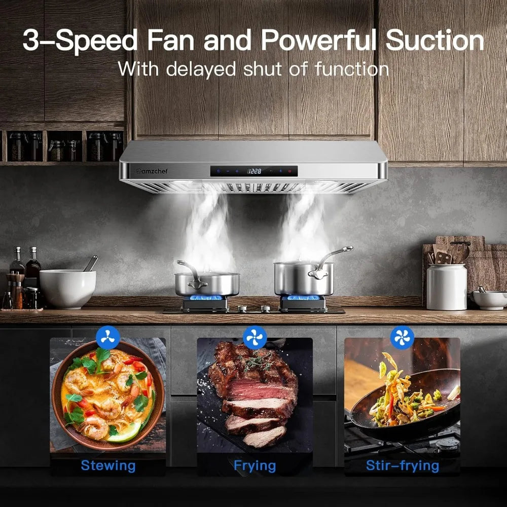 Under Cabinet Range Hood 30 Inch, 700CFM Stainless Steel Kitchen Stove Vent Hood 3 Speed Exhaust Fan Touch/Remote