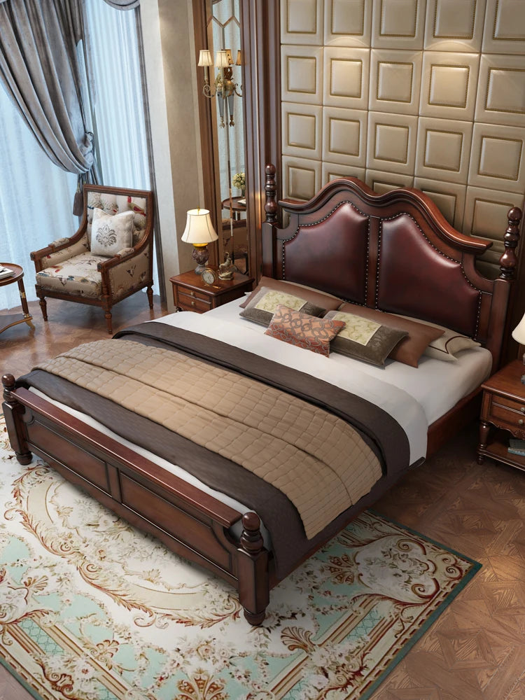 American style rural full solid wood double king bed 1.8m soft leather Roman column bed