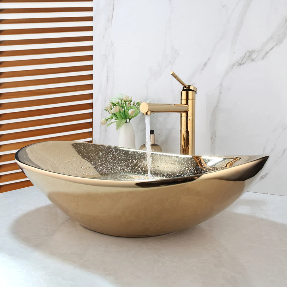 Torayvino Luxury Golden Polished Bathroom Ceramic Lavatory Bath Combined Mixer Washbasin Vessel Sink Faucets Set W/ Pop Drain