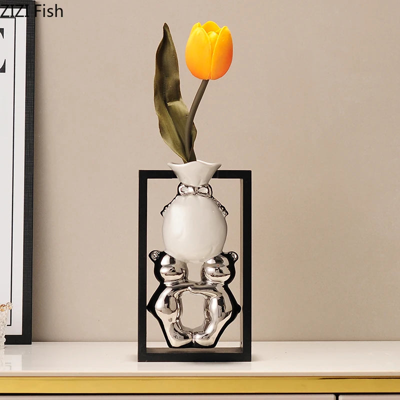 Minimalism Square Framed Ceramic Vase Hollowed Out Vases Desk Decoration Artificial Flowers Decorative Flower Arrangement