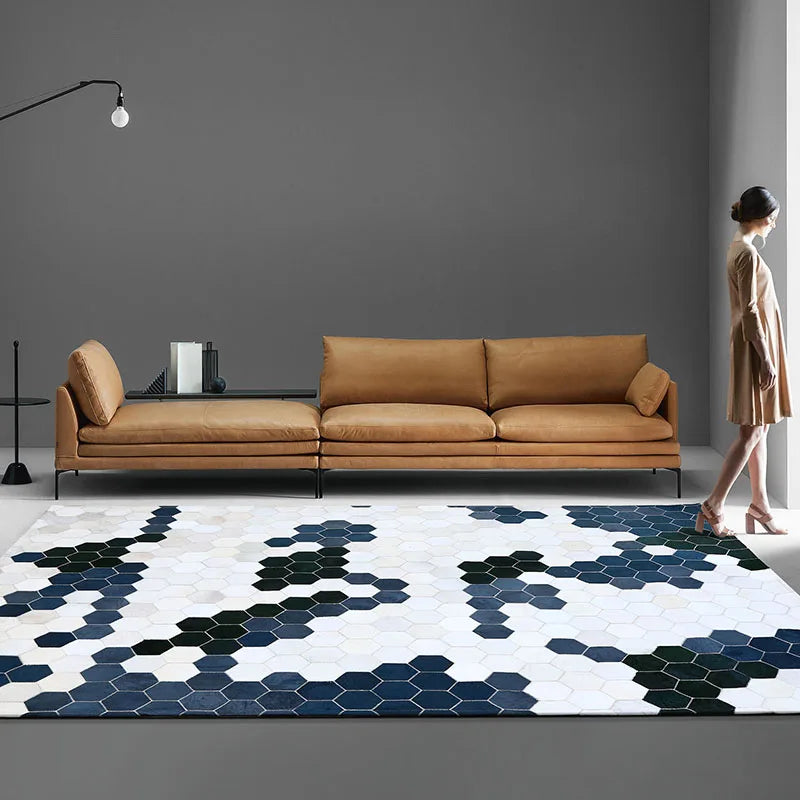 Light Luxury Real Cowhide Carpet Blue Geometric Living Room Carpet handmade Stitching Modern Minimalist Nordic Bedroom Rugs