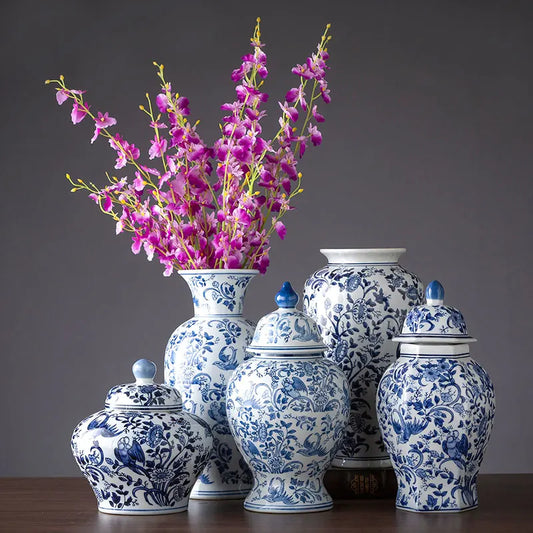 Chinese Blue White Porcelain Vases Classical Vintage Hand Paint Ceramic Flower Pots Decorative Tall Floor Vases for Living Room