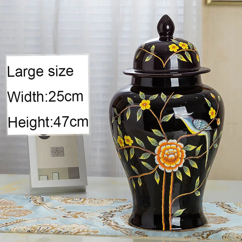 Ceramic Flower Vase with Lid, Black Ginger Jar, Vintage Art Deco, European Luxury Floral Temple Jar, Porcelain, Large