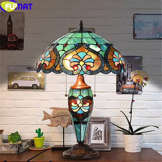 FUMAT Stained Glass Child Mother Table Lamp Tiffany Picture Desk Light Handcraft Art Home Decor For Office Bedside Reading Room