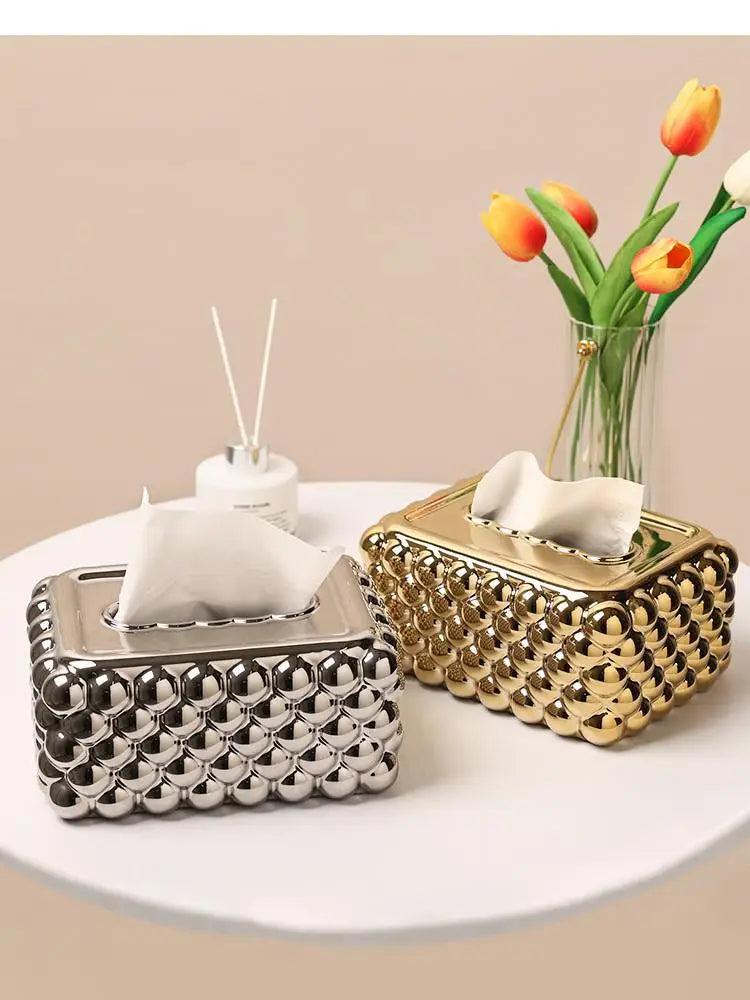 Light Luxury Gold Rectangle Relief Bubble Tissue Box Ceramic Crafts Living Room Decoration Box Napkin Holder Household Products