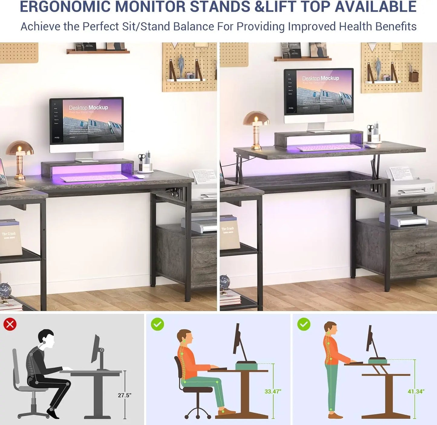 Aheaplus L Shaped Desk with Power Outlet, Standing Home Office Desk with Lift Top and File Drawer, 63'' Corner Computer Desk