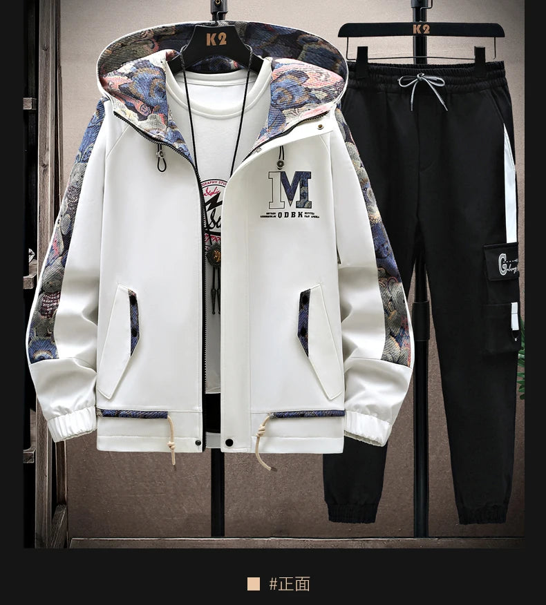 Spring Autumn Men Tracksuit Casual Joggers Hooded Sportswear Jackets Pants 2 Piece Sets Hip Hop Print Sports Suit