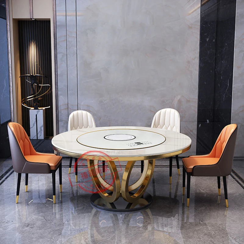 Light Luxury Rock Plate Round Dining Table Chair Combination Embedded Electric Turntable Table Mesa Comedor Home Furniture