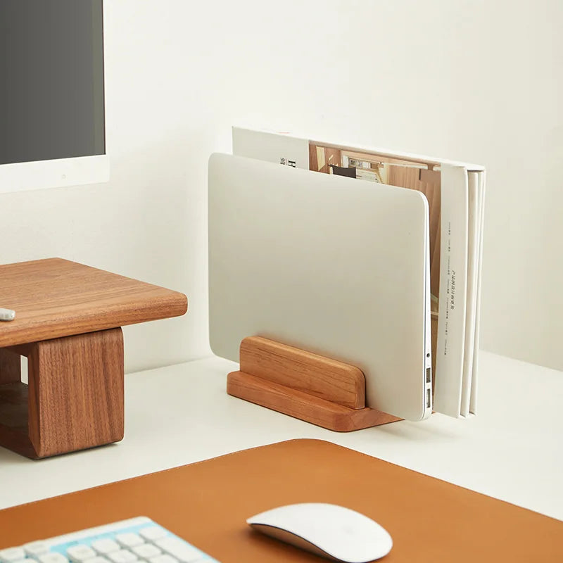 Walnut Vertical Laptop Stand - with Wooden Holder and Card Slot.