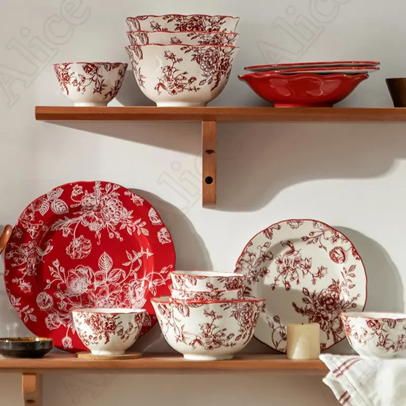 Nordic Vintage Rose Dishes and Plates Sets American Style Red Flowers Ceramic Plate Rice Bowl Soup Bowls Household Tableware