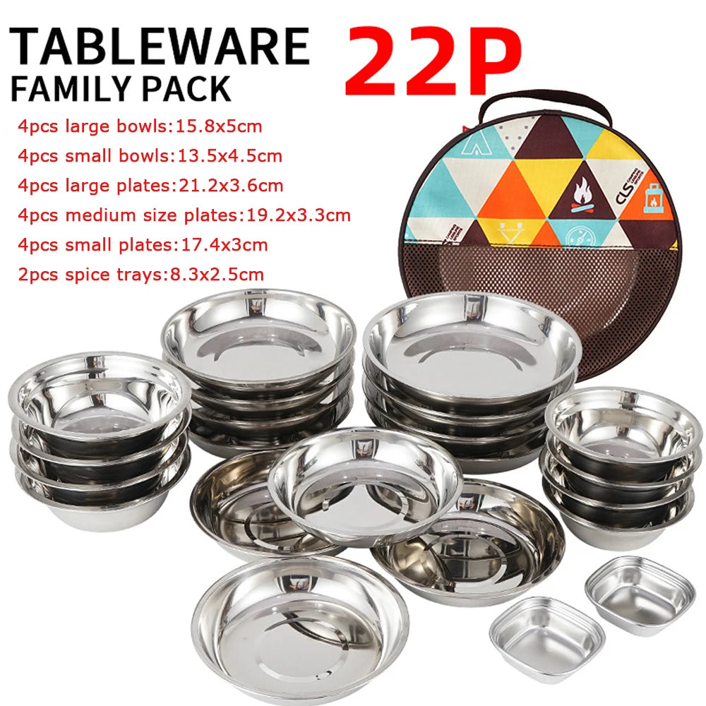 Outdoor 17/22Pcs Picnic Camping Stainless Steel Dinner Dish Plate Set Durable Tableware Salad Bowl Food Container Travel