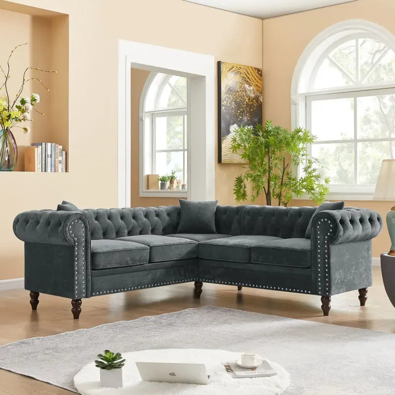 Tufted Upholstered Roll Arm Luxury Classic Chesterfield L-shaped Sofa 3 Pillows Included, Solid Wood Gourd Legs