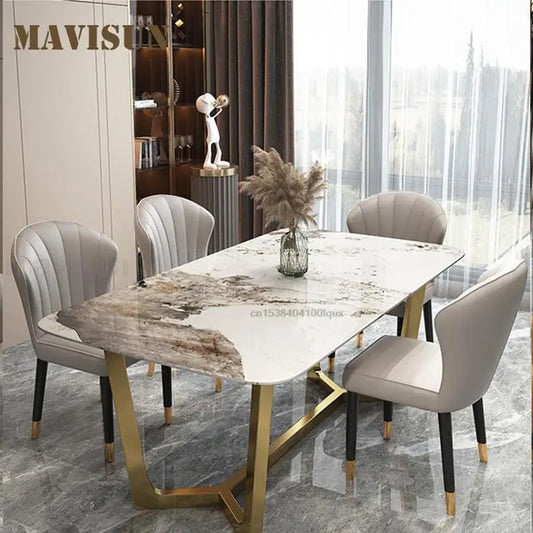 Italian Style Stainless Steel Marble Top Wedding Dinning Tables Sets Luxury Dining Chairs Rectangular Table For Small Apartment