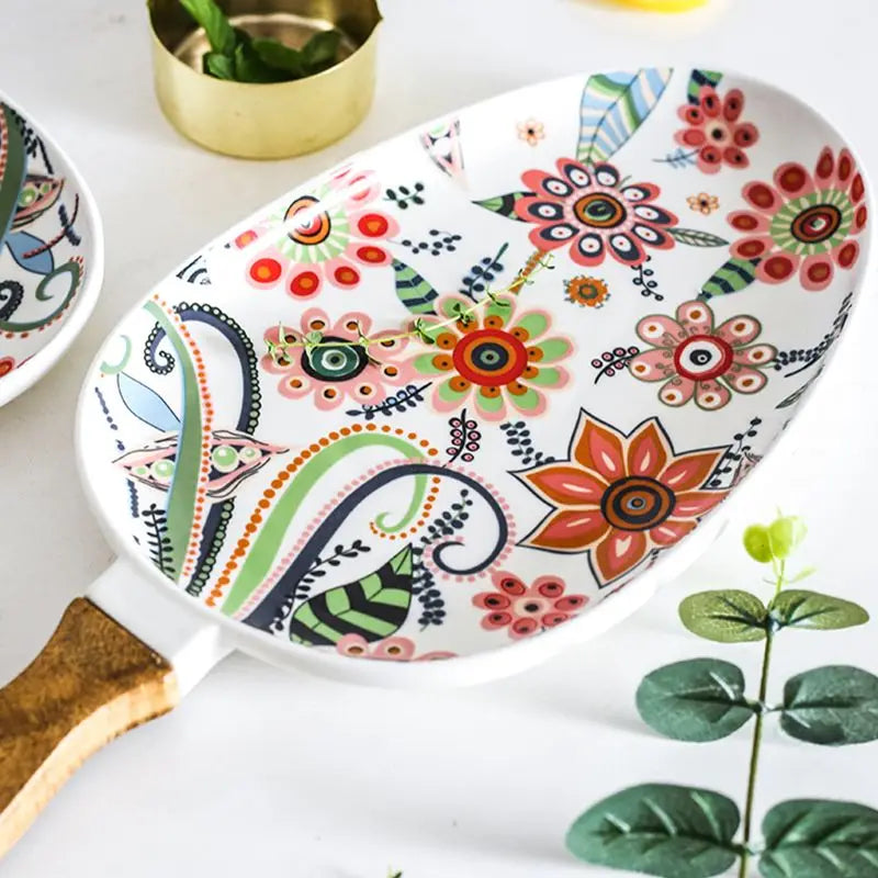 Ceramic Salad Plates with Handle,Porcelain Dinner Plates,Colorful Floral Pattern Serving Plate for Desserts Sandwiches Dishes 접시