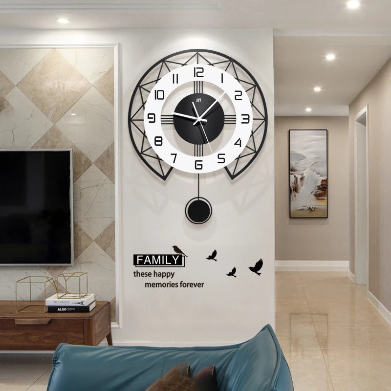 Modern Nordic 3D Wall Clocks With Pendulum Minimalist Black Metal Silent Wall Clock Living Room Restaurant Decoration Clock 50cm