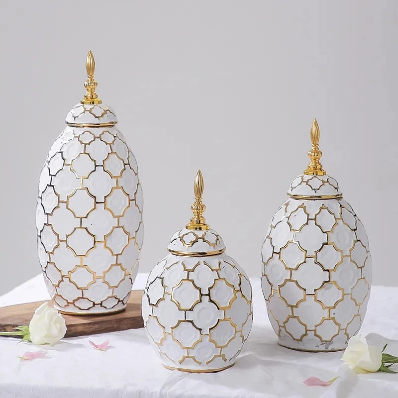 Luxury Electroplated Gold Plaid Ceramic General Jar Artwork Storage Jar Hotel Display Vase Home Decoration Dry Flower Vase