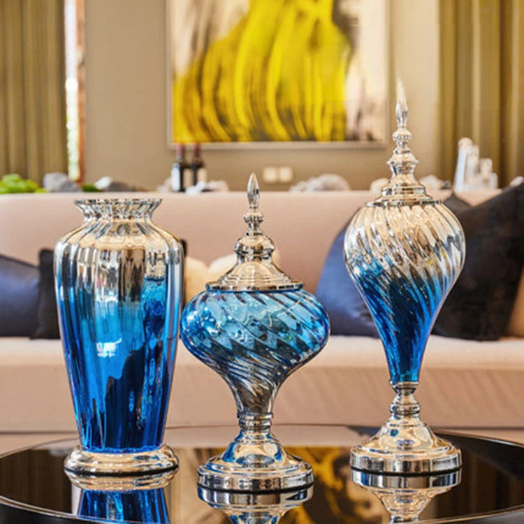 Light luxury gradient sapphire blue glass vase Nordic decorative home art storage vase with lid living room ornaments