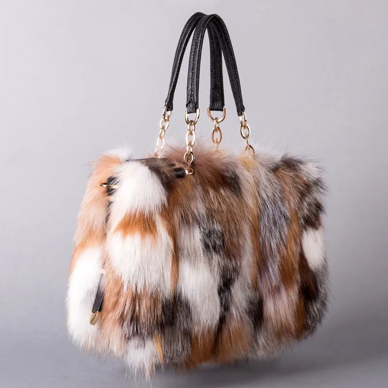 Women Winter Real Fox Fur Handbag Luxury Genuine Fur Party Bag Tote High Quality  Designer Evening Bag Fur Leather Female