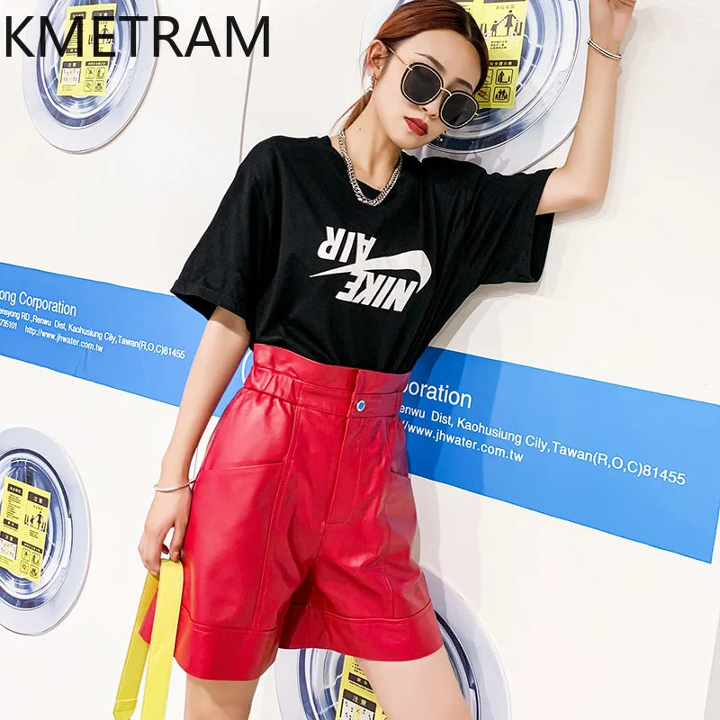 KMETRAM Sheepskin Real Leather Shorts Autumn Winter Women's Shorts High Waist Loose Trousers A-line Shorts Women Шорты Женский