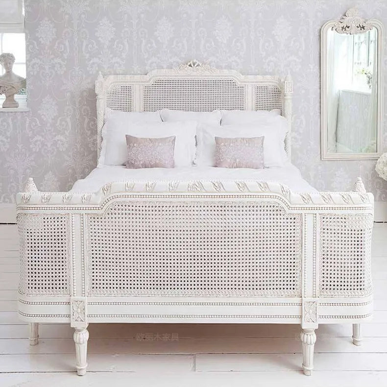 Antique white rattan bed bedroom furniture retro solid wood double bed