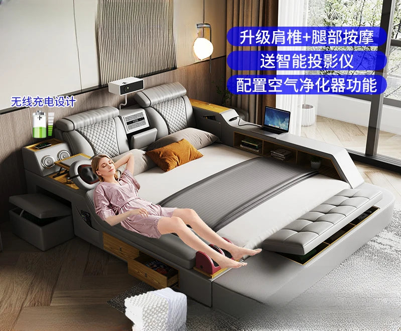 Genuine leather bed master bedroom double king bed modern minimalist wedding bed with projector multifunctional bed