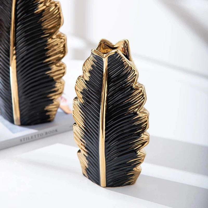 2Pcs/Nordic black gold plating leaf ceramic vase Modern simple household TV cabinet decoration vase