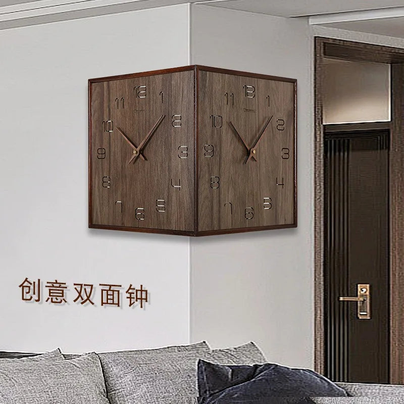 Punch-free solid wood corner double-sided wall clock modern minimalist corner two-sided clock home living room Nordic clock