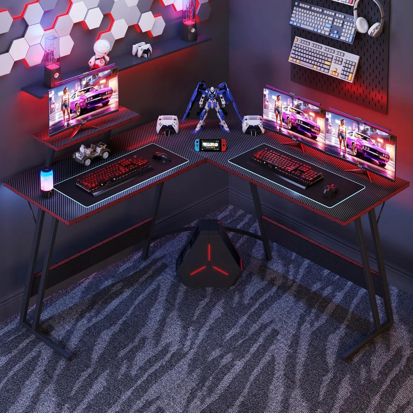 L Shaped Gaming Desk, 51 Inch Computer Corner Table with Large Monitor Stand & Carbon Fiber Surface , Black