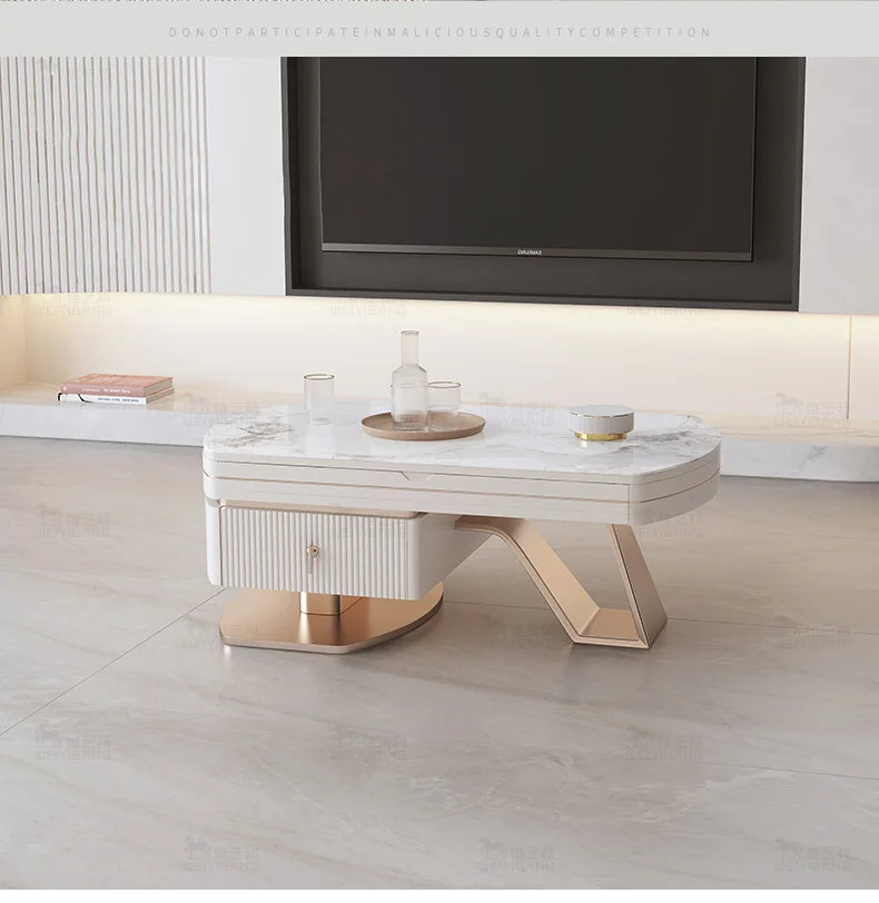 Light Luxury Rock Slate Coffee Table Modern Simple Round Telescopic Living Room Household Small Cream Wind Coffee Table