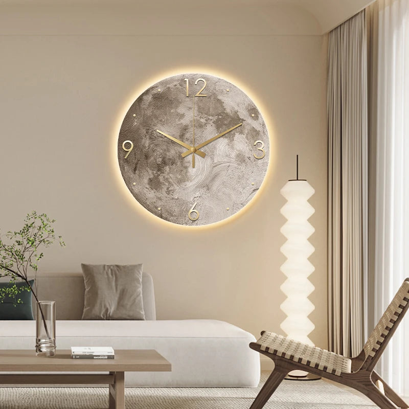 Modern Minimalist Wall Clock Living Room Clock Moon Sandstone Painting Home Fashion Restaurant Ideas LED Light Wall Decoration